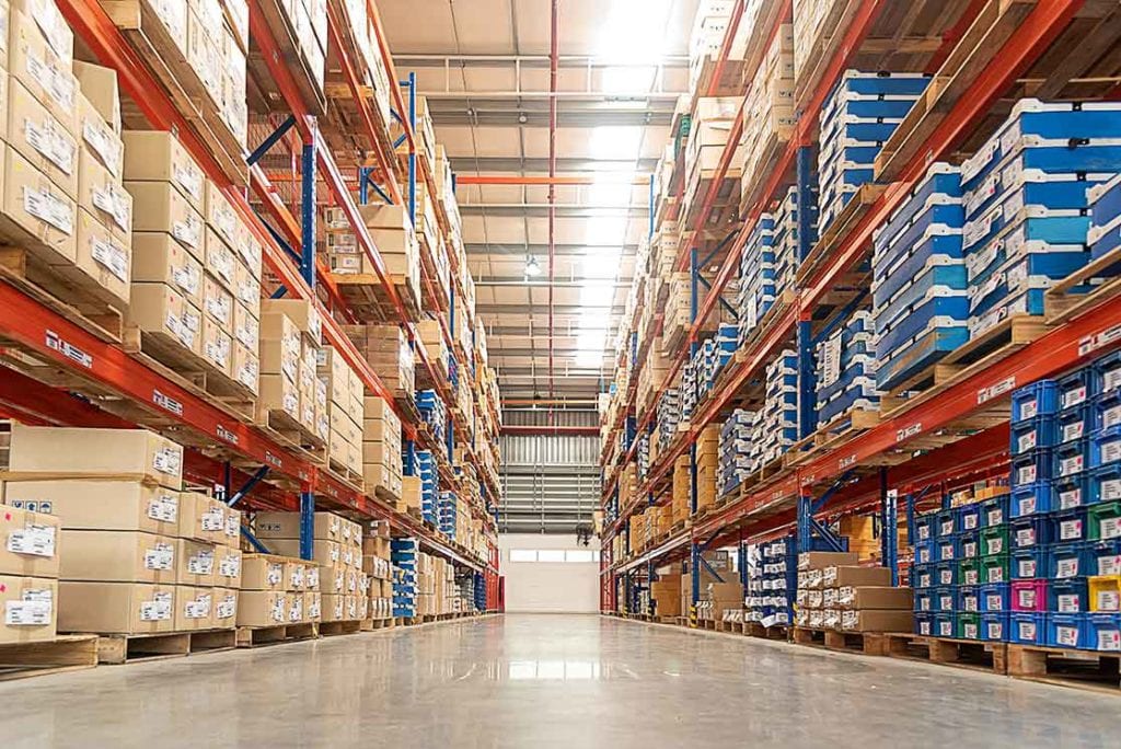 Inventory and boxes on shelves, supply chain